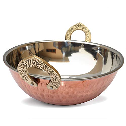 2er Set Indische Kupfer-Serviergeschirr Karahi Gemüseschale mit solidem Messinggriff für indische Speisen Servierschalen für Müsli, Kochfutter Party, Serviergeschirr aus Kupfer, Stahl Handi 13 CM von OSNICA