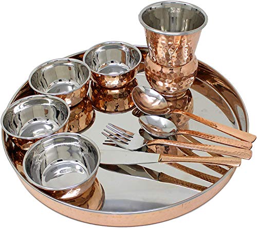Indisches Geschirr-Set aus Kupfer, Edelstahl, Speiseteller, Schüsseln, Becher, Besteck-Set (Design 1) von OSNICA