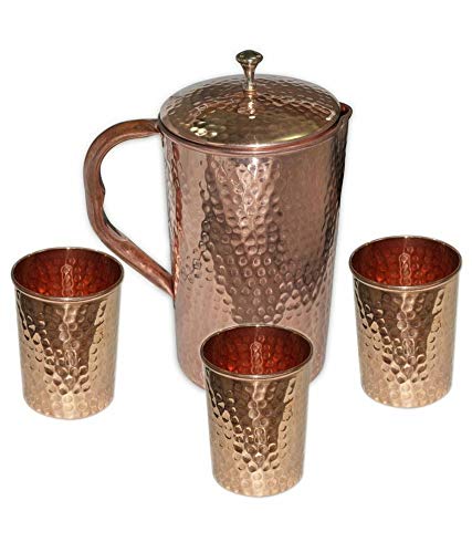 Reines Kupfer gehämmert Wasserkrug | Kupfer Krug für Ayurveda Health Benefit mit 3 Wasserglas 1,5 l von OSNICA