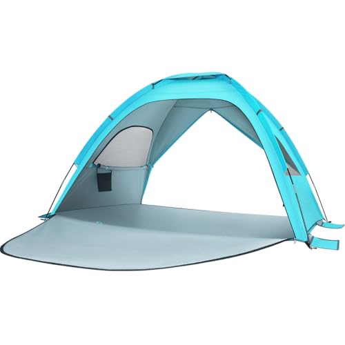OSOLADY Double-Door Large Folding Beach Tent, UV Protection Portable Sunshade Beach Family Tent Sun Shelter for Hiking Camping Vacation (Light Blue) von OSOLADY