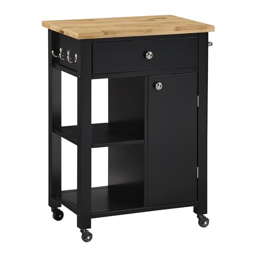OSP Home Furnishings Derry Moderner Bauernhaus-Küchenwagen mit natürlicher Metzger-Blockplatte, rollbarer Aufbewahrungsschrank mit Schublade, Regalen, Haken, schwarzes Finish von OSP Home Furnishings