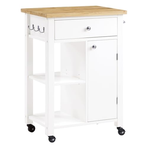 OSP Home Furnishings Derry Moderner Bauernhaus-Küchenwagen mit natürlicher Metzger-Blockplatte, rollbarer Aufbewahrungsschrank mit Schublade, Regalen, Haken, weißes Finish von OSP Home Furnishings
