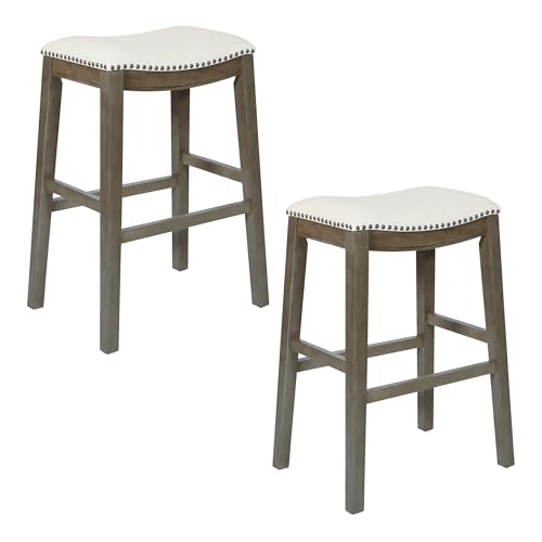 OSP Home Furnishings Metro Farmhouse Sattelhocker mit Nagelkopfbesatz, 2er-Pack, 73,7 cm Steghöhe, antikgraues Gestell mit Leinenstoff von OSP Home Furnishings