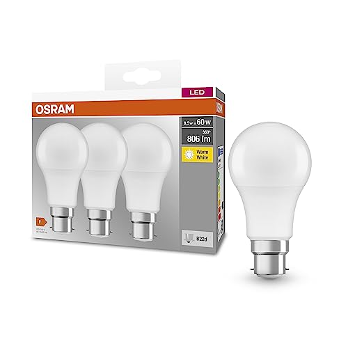 OSRAM BASE CLASSIC A 60 FR LED-Lampe mit Sockel B22d, Kolbenform, 3er Pack, 8,5W, 806lm, 2700K, warmweißes Licht, geringere Wärmeentwicklung, sehr geringer Energieverbrauch, lange Lebensdauer von Osram