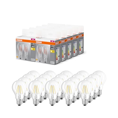 OSRAM BASE CLASSIC A FIL 40 LED-Lampe mit Sockel E27, klassische Kolbenform, Doppelpack, 4W, 470lm, 2700K, warmweißes Licht, geringe Wärmeentwicklung, lange Lebensdauer, energiesparend,20-Pack von Osram