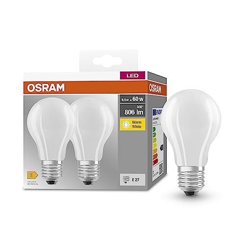 OSRAM BASE CLASSIC A GLFR 60 LED-Lampe mit Sockel E27, Kolbenform, Doppelpack, 6,5W, 806lm, 2700K, warmweißes Licht, geringe Wärmeentwicklung, lange Lebensdauer, geringer Energieverbrauch von Osram