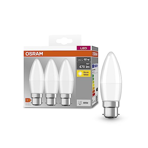 OSRAM BASE CLASSIC B 40 FR LED-Lampe mit Sockel B22d, Minikerzenform, 3er Pack, 4,9W, 470lm, 2700K, warmweißes Licht, geringere Wärmeentwicklung, sehr geringer Energieverbrauch, lange Lebensdauer von Osram
