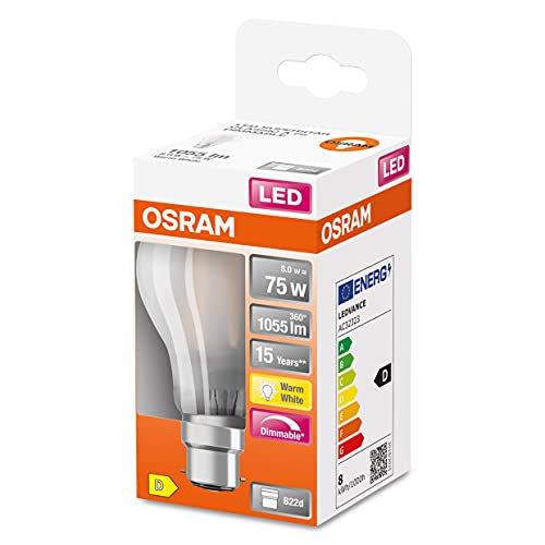 OSRAM Dimmbare Filament LED Lampe mit B22d Sockel, Warmweiss (2700K), klassische Birnenform, 8W, mattes Glas, Ersatz für herkömmliche 75W-Glühbirne, 6er-Pack von OSRAM Lamps