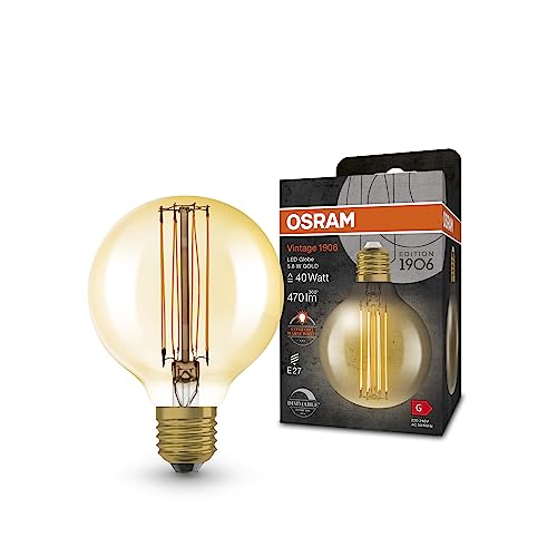 OSRAM Vintage 1906 LED-Lampe mit Gold-Tönung, 5,8W, 470lm, Kugel-Form mit 80mm Durchmesser & E27-Sockel, warmweiße Lichtfarbe, gerades Filament, dimmbar, bis zu 15.000 Stunden Lebensdauer von Osram