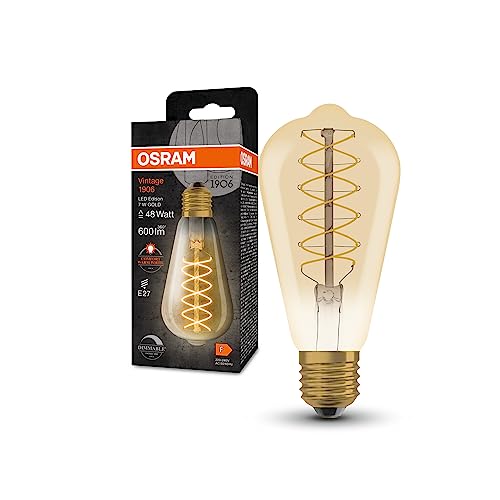 OSRAM Vintage 1906 LED-Lampe mit Gold-Tönung, 7W, 600lm, Edison-Form mit 64mm Durchmesser & E27-Sockel, warmweiße Lichtfarbe, spiralförmiges Filament, dimmbar, bis zu 15.000 Stunden Lebensdauer OSRAM Vintage 1906 LED-Lampe mit Gold-Tönung, 7W, 600lm, Edison-Form mit 64mm Durchmesser & E27-Sockel, warmweiße Lichtfarbe, spiralförmiges Filament, dimmbar, bis zu 15.000 Stunden Lebensdauer von Osram