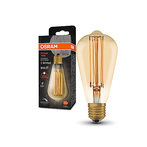 OSRAM Vintage 1906 LED-Lampe mit Gold-Tönung, 8,8W, 806lm, Edison-Form mit 64mm Durchmesser & E27-Sockel, warmweiße Lichtfarbe, gerades Filament, dimmbar, bis zu 15.000 Stunden Lebensdauer von Osram