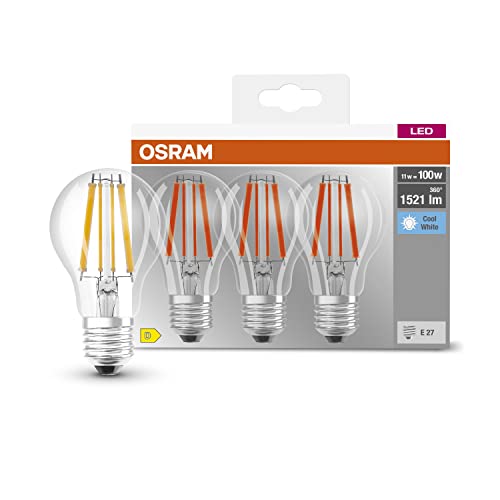 OSRAM LED-Lampe, Sockel: E27, Kalt weiß, 4000 K, 11 W, Ersatz für 100-W-Glühbirne, klar, LED BASE CLASSIC A, 3er-Pack von OSRAM Lamps