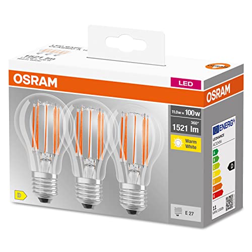 OSRAM LED-Lampe, Sockel: E27, Warm weiß, 2700 K, 11 W, Ersatz für 100-W-Glühbirne, klar, LED BASE CLASSIC A, 3er-Pack von OSRAM Lamps