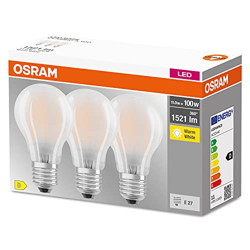 OSRAM LED-Lampe, Sockel: E27, Warm weiß, 2700 K, 11 W, Ersatz für 100-W-Glühbirne, matt, LED BASE CLASSIC A, 3er-Pack von Osram