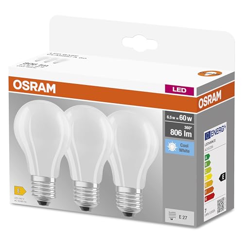 OSRAM LED-Lampe, Sockel: E27, Kalt weiß, 4000 K, 6,50 W, Ersatz für 60-W-Glühbirne, matt, LED BASE CLASSIC A, 3er-Pack von OSRAM Lamps