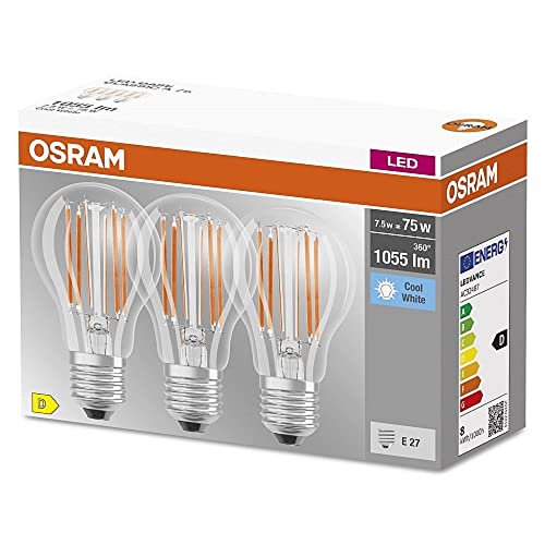 OSRAM LED-Lampe, Sockel: E27, Kalt weiß, 4000 K, 7,50 W, Ersatz für 75-W-Glühbirne, klar, LED BASE CLASSIC A, 3er-Pack von OSRAM Lamps