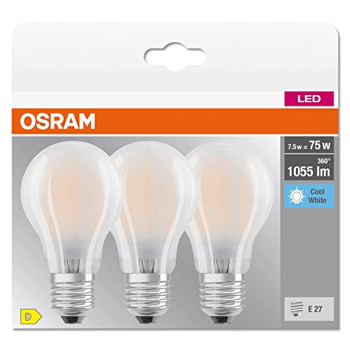 OSRAM LED-Lampe, Sockel: E27, Kalt weiß, 4000 K, 7,50 W, Ersatz für 75-W-Glühbirne, matt, LED BASE CLASSIC A, 3er-Pack von Osram