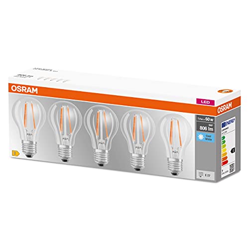 OSRAM LED BASE Classic A60, klare Filament LED-Lampen aus Glas für E27 Sockel, Birnenform, Kaltweiß (4000K), 806 Lumen, Ersatz für herkömmliche 60W-Glühbirnen, 5er-Box von Osram