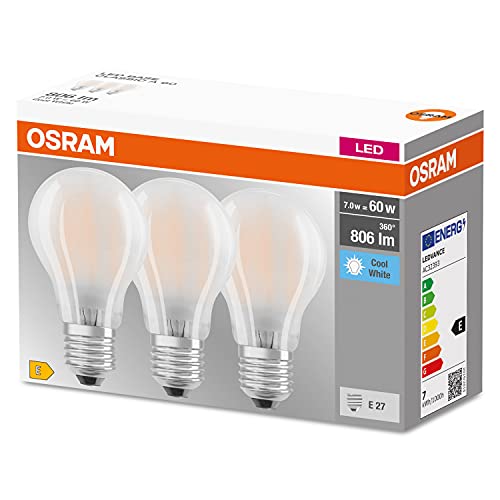 OSRAM LED-Lampe, Sockel: E27, Kalt weiß, 4000 K, 6,50 W, Ersatz für 60-W-Glühbirne, matt, LED BASE CLASSIC A, 3er-Pack von OSRAM Lamps