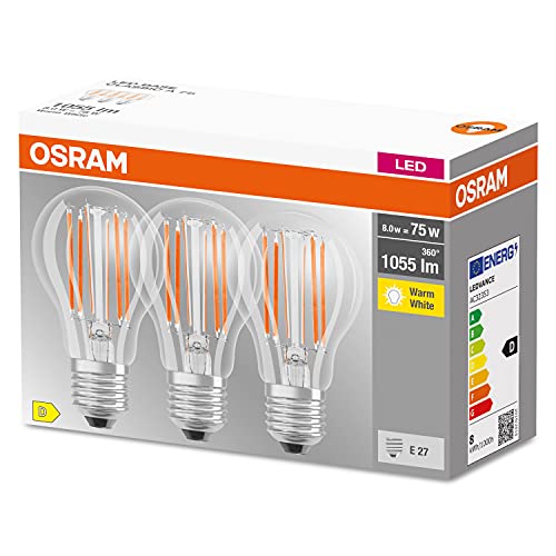 OSRAM LED-Lampe, Sockel: E27, Warm weiß, 2700 K, 7,50 W, Ersatz für 75-W-Glühbirne, klar, LED BASE CLASSIC A, 3er-Pack von OSRAM Lamps