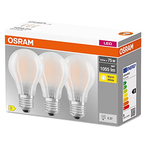 OSRAM LED-Lampe, Sockel: E27, Warm weiß, 2700 K, 7,50 W, Ersatz für 75-W-Glühbirne, matt, LED BASE CLASSIC A, 3er-Pack von OSRAM Lamps
