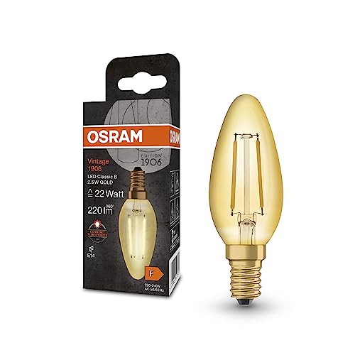 OSRAM Vintage 1906 Classic B FIL LED-Lampe, E14, klassische Minikerzenform, gold, 2,5W, 220lm, 2400K, warmweiße Komfortlichtfarbe, sehr geringer Energieverbrauch, lange Lebensdauer von Osram