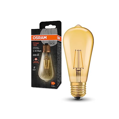 OSRAM Vintage 1906 Classic Edison FIL LED-Lampe, E27, gold, 2,2W, 220lm, 2400K, warmweiße Komfortlichtfarbe, sehr geringer Energieverbrauch, lange Lebensdauer OSRAM Vintage 1906 Classic Edison FIL LED-Lampe, E27, gold, 2,2W, 220lm, 2400K, warmweiße Komfortlichtfarbe, sehr geringer Energieverbrauch, lange Lebensdauer von Osram