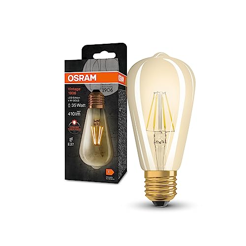 OSRAM Vintage 1906 Classic Edison FIL LED-Lampe, E27, gold, 4W, 410lm, 2400K, warmweiße Komfortlichtfarbe, sehr geringer Energieverbrauch, lange Lebensdauer von Osram