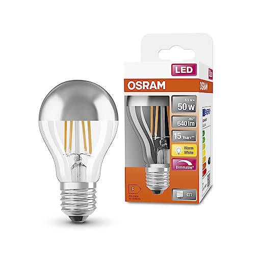 OSRAM LED-Lampen, klassische Kolbenform, mit Spiegel-Kolbenkrone, 50 Watts Ersatz, E27, A-shape, 2700 Kelvin, Warm weiß, Klares Glass, single Pack von Osram