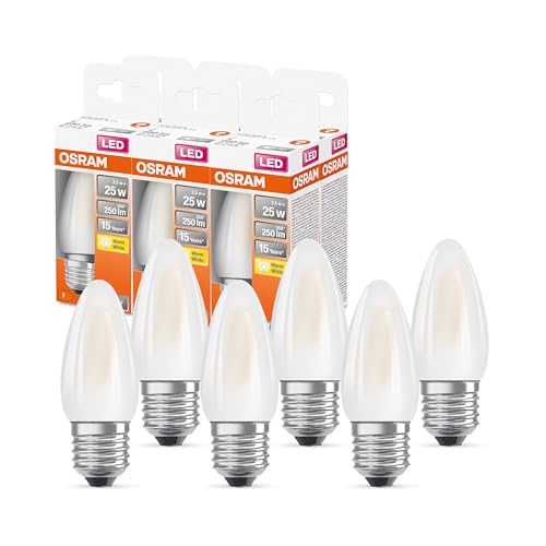 OSRAM LED Star Classic B25 LED Lampe für E27 Sockel, Kerzenform, GL FR, 250 Lumen, warmweiß (2700K), Ersatz für herkömmliche 25W Glühbirnen, nicht dimmbar, 6er-Pack von Osram