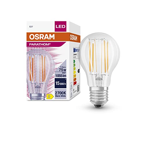 OSRAM LED-Lampen mit E27 Sockel | klassische Kolbenform, klar filament, energiesparend, 75W-Ersatz, warm weiß, Lebensdauer (15.000H) | PARATHOM CLASSIC A 75 7.5 W/2700 K E27 von Osram