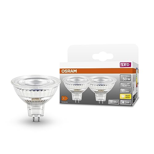 OSRAM LED SPOT MR16 GL 50 Niedervolt-LED-Reflektorlampe, Sockel GU5; 3, Doppelpack, 6,5W, 630lm, 2700K, warmweißes Licht, sehr geringer Energieverbrauch, lange Lebensdauer, keine Aufwärmzeit von Osram