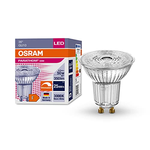 OSRAM Dimmbare LED-Reflektorlampen mit GU10 Sockel | energiesparend, 50W Ersatz, sehr langer Lebensdauer (25.000 H), Abstrahlwinkel 36°, warm weiß | PAR16 50 36 ° 4.5 W/3000 K GU10 von Osram