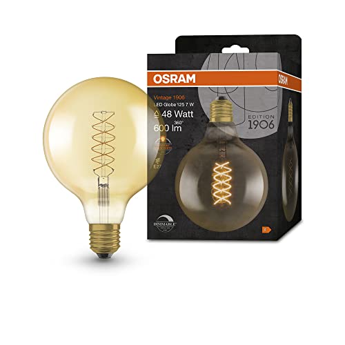 OSRAM Lamps Vintage 1906 LED-Lampe Gold-Tönung,7W,600lm,Kugel-Form 125mm Durchmesser&E27-Sockel,warmweiße,spiralförmiges Filament,dimmbar,bis 15.000 Stunden Lebensdauer,4058075761674,48W-Ersatz von Ledvance