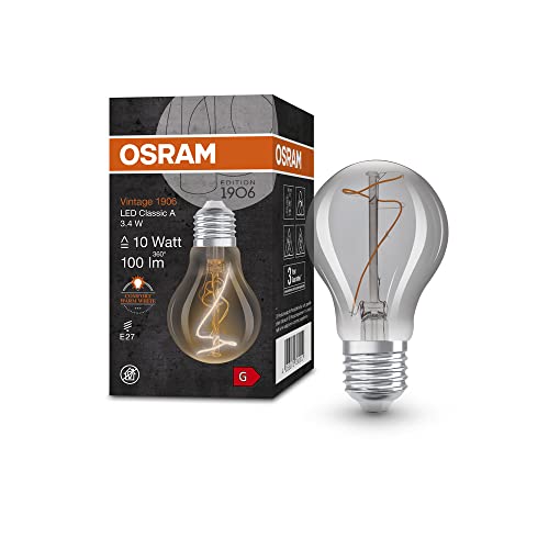 OSRAM Lamps Vintage 1906 LED-Lampe mit Smoke-Tönung, 3, 4W, 100lm, Glühlampenform (Classic A) E27-Sockel, warmweiße Lichtfarbe, nicht dimmbares Filament, bis zu 15.000 Stunden Lebensdauer von Ledvance