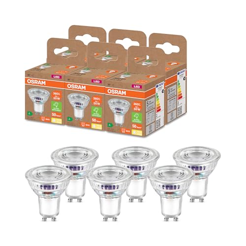 OSRAM Hocheffiziente PAR16 Reflektorlampe mit Energieeffizienzklasse B, Sockel GU10, 50W-Ersatz, 2W Nennleistung, 2700K (warmweiß), besonders stromsparend, klares Glas, nicht dimmbar 6er-Pack von Osram