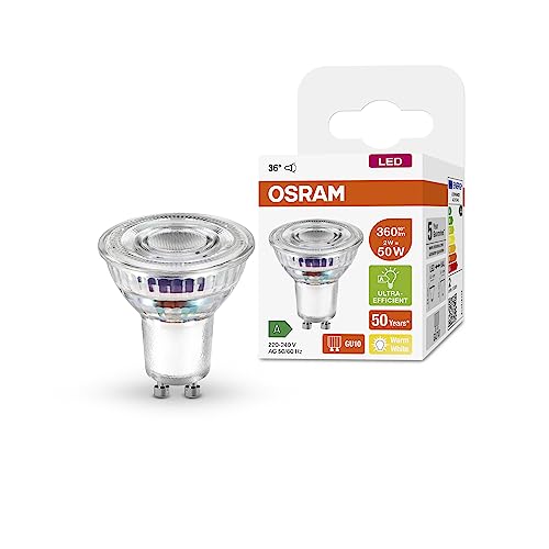 OSRAM Hocheffiziente PAR16 Reflektorlampe mit Energieeffizienzklasse B, Sockel GU10, 50W-Ersatz, 2W Nennleistung, 2700K (warmweiß), besonders stromsparend, klares Glas, nicht dimmbar 1er-Pack von Osram