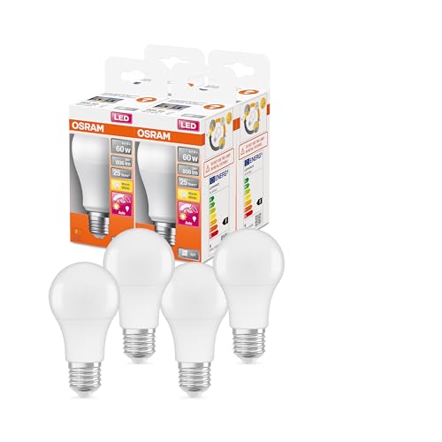 OSRAM SUPERSTAR+ CLASSIC A 60 FR LED-Lampe, Sockel E27, Kolbenform, 8,8W, 806lm, 2700K, warmweißes Licht, sehr geringer Energieverbrauch, lange Lebensdauer, Bewegungssensor, Abschaltautomatik,4-Pack von Osram