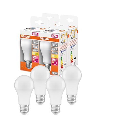 OSRAM SUPERSTAR+ CLASSIC A 75 FR LED-Lampe, Sockel E27, Kolbenform, 10W, 1055lm, 2700K, warmweißes Licht, sehr geringer Energieverbrauch, lange Lebensdauer, Bewegungssensor, Abschaltautomatik,4-Pack von Osram