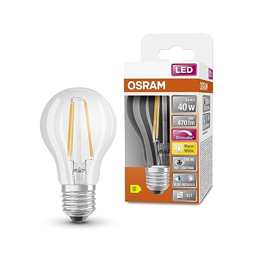OSRAM SUPERSTAR+ CLASSIC A FIL 40 LED-Lampe, E27, Kolbenform, 3,4W, 470lm, 2700K, warmweißes Licht, stark reduzierter Blauanteil, geringere Augenbelastung, dimmbar, geringer Energieverbrauch von Osram