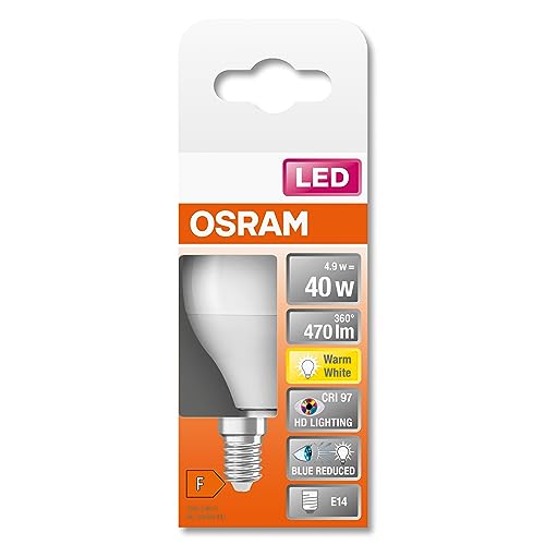 OSRAM SUPERSTAR+ CLASSIC P 40 FR LED-Lampe, Sockel E14, Miniballform, 4,9W, 470lm, 2700K, warmweißes Licht, stark reduzierter Blauanteil, geringere Augenbelastung, sehr geringer Energieverbrauch von Osram