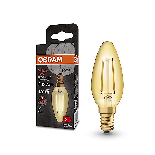 OSRAM Vintage 1906 Classic B FIL LED-Lampe, E14, klassische Minikerzenform, gold, 1,5W, 120lm, 2400K, warmweiße Komfortlichtfarbe, sehr geringer Energieverbrauch, lange Lebensdauer von Osram