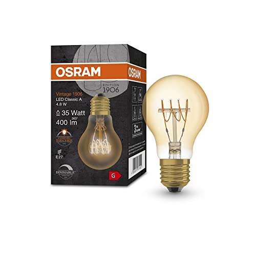 OSRAM s Vintage 1906 - Gold-Tönung,4,8W,400lm,Glühnform(Classic A) E27-Sockel,warmweiße Lichtfarbe,spiralförmiges Filament,dimmbar,bis zu 15.000 Stunden Lebensdauer,4058075761452,35W-Ersatz von Ledvance