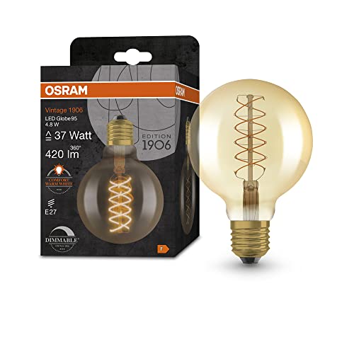 OSRAM s Vintage 1906 - Gold-Tönung,4,8W,420lm,Kugel-Form 95mm Durchmesser&E27-Sockel,warmweiße Lichtfarbe,spiralförmiges Filament,dimmbar,bis zu 15.000 Stunden Lebensdauer,4058075761612,37W-Ersatz von Ledvance