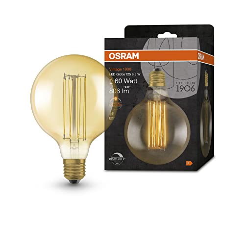 Ledvance OSRAM Lamps 1906 LED-Lampe mit Gold-Tönung, 8,8W, 806lm, Kugel-Form mit 125mm Durchmesser und E27-Sockel, warmweiße, gerades Filament, dimmbar, bis zu 15.000 Stunden Lebensdauer,60W-Ersatz von Ledvance