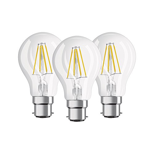 Osram LED Base Classic A Lampe, in Kolbenform mit B22d-Sockel, nicht dimmbar, Ersetzt 60 Watt, Filamentstil Klar, Warmweiß - 2700 Kelvin, 3er-Pack von Osram