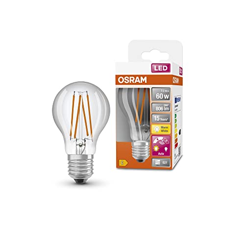 OSRAM Star+ LED-Lampe mit Tageslichtsensor für E27-Sockel, Filament-Optik ,Warmweiß (2700K), 806 Lumen, Ersatz für herkömmliche 60W-Leuchtmittel, nicht dimmbar, 4-er Pack von Osram