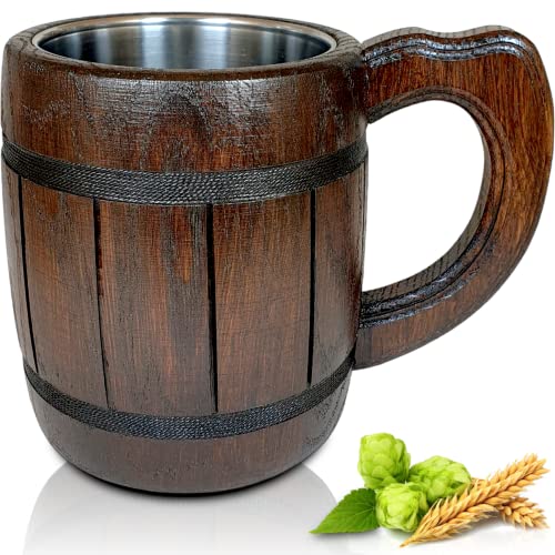 OSTENTO Bierkrug Holz 0,5 L - Handgefertigter Bierkrug aus Eichenholz mit Edelstahl Becher | Großer Becher für Bier, Kalte und Heiße Getränke / Perfekte Geschenke - Made in EU (Barrel) von OSTENTO