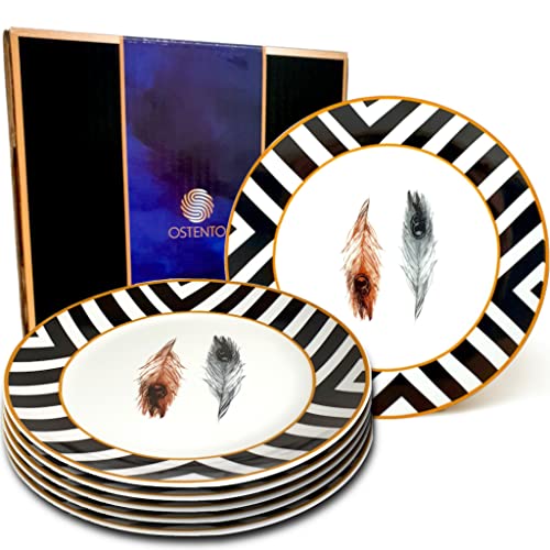 OSTENTO Porzellan Teller - Frühstücksteller | Kuchenteller | Dessertteller 6er Set ≈Ø 20 cm (8 Zoll), modell- Peacock Feathers von OSTENTO