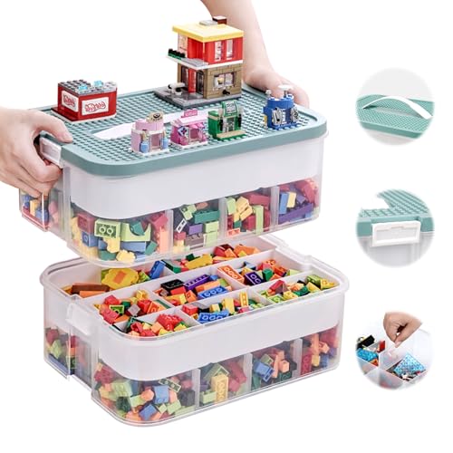 OSTWOLKE Aufbewahrungsboxen mit Deckel für Lego, 2 Ebenen Transparente Sortierboxen für Kleinteile, Plastik Stapelbar Box mit Griff& Abnehmbarem Tablett& Verstellbaren Fächer für Handwerk, Accessoire von OSTWOLKE